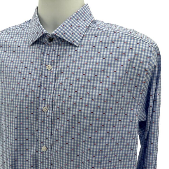 Psycho Bunny Modern Fit Stretch Non Iron Checker Blue White Red Shirt 16 34/35 - Picture 2 of 6